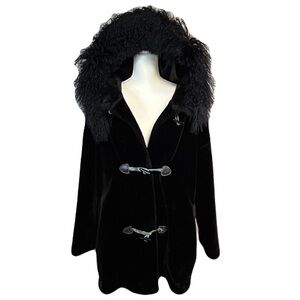 Vintage Womens Mongolian Fur Toggle Coat Size 2X Plush Luxe Boho Cabincore Black